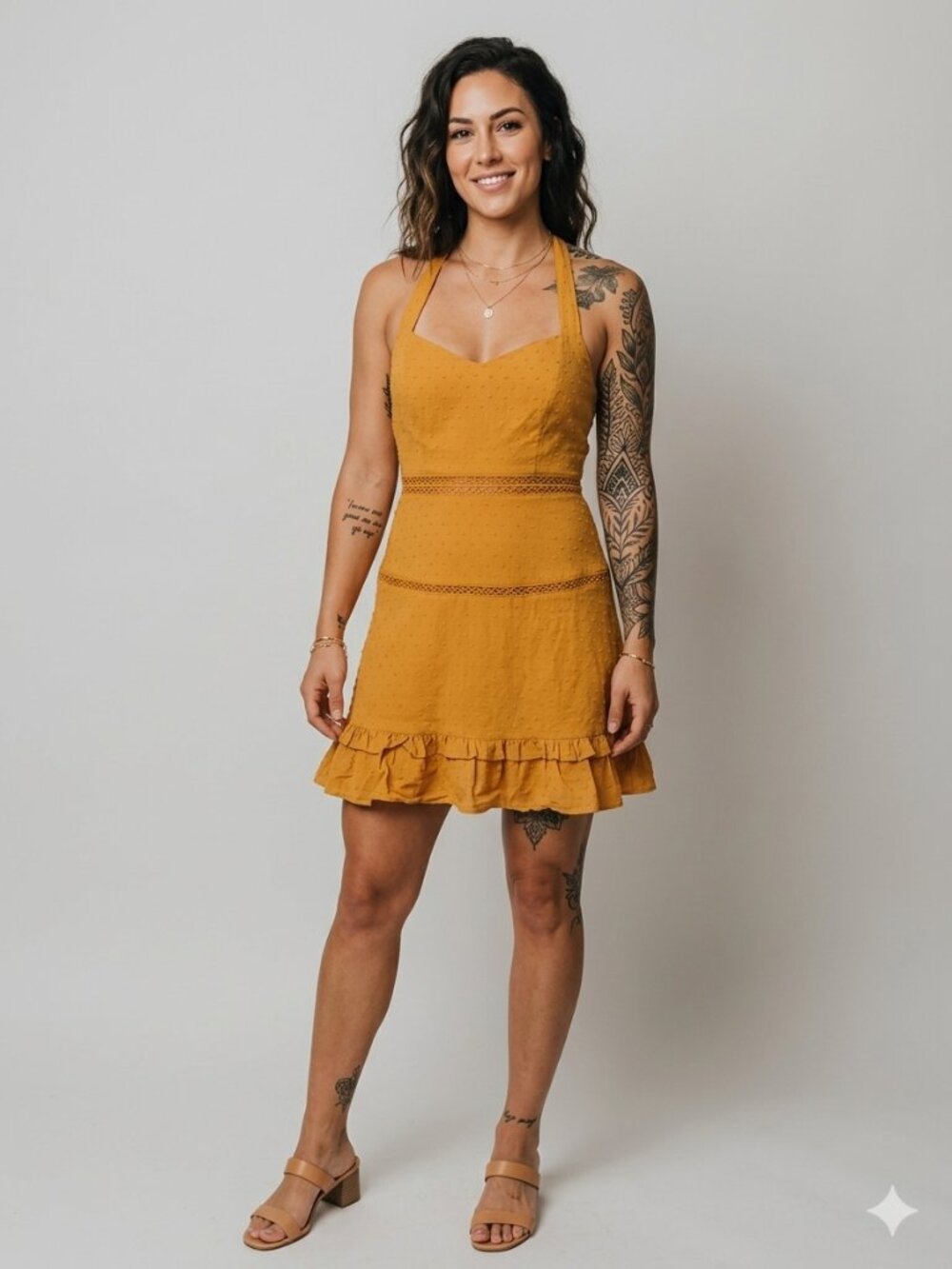 City Studio Clip-Dot Sweetheart Tie-Shoulder Mini Sundress Yellow Medium